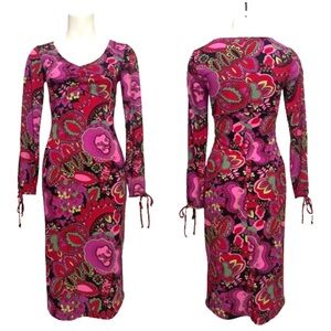 Vintage Y2K Trixxi Psychedelic Floral V Neck Midi Fitted Dress Size Small
